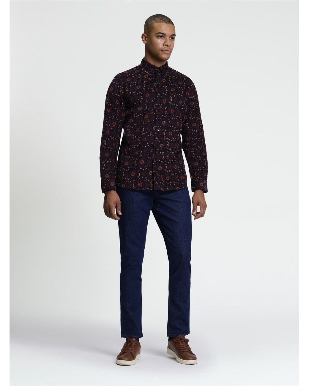 Ben Sherman Blue Long Sleeve Floral Print Cord Shirt In Dark Navy for men