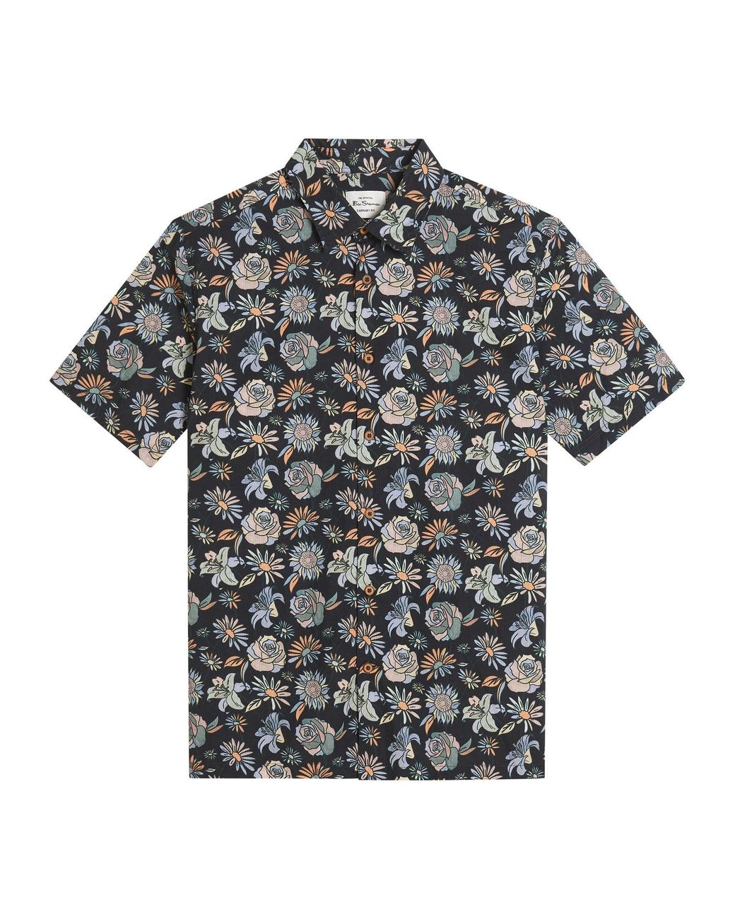 Ben Sherman Blue Short Sleeve Watercolour Floral Print Shirt In Black for men