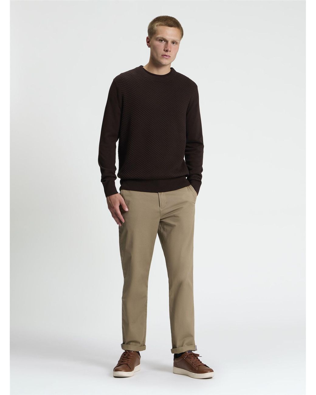 Ben Sherman Black Long Sleeve Texture Front Crew Neck Jumper In Dark Brown for men