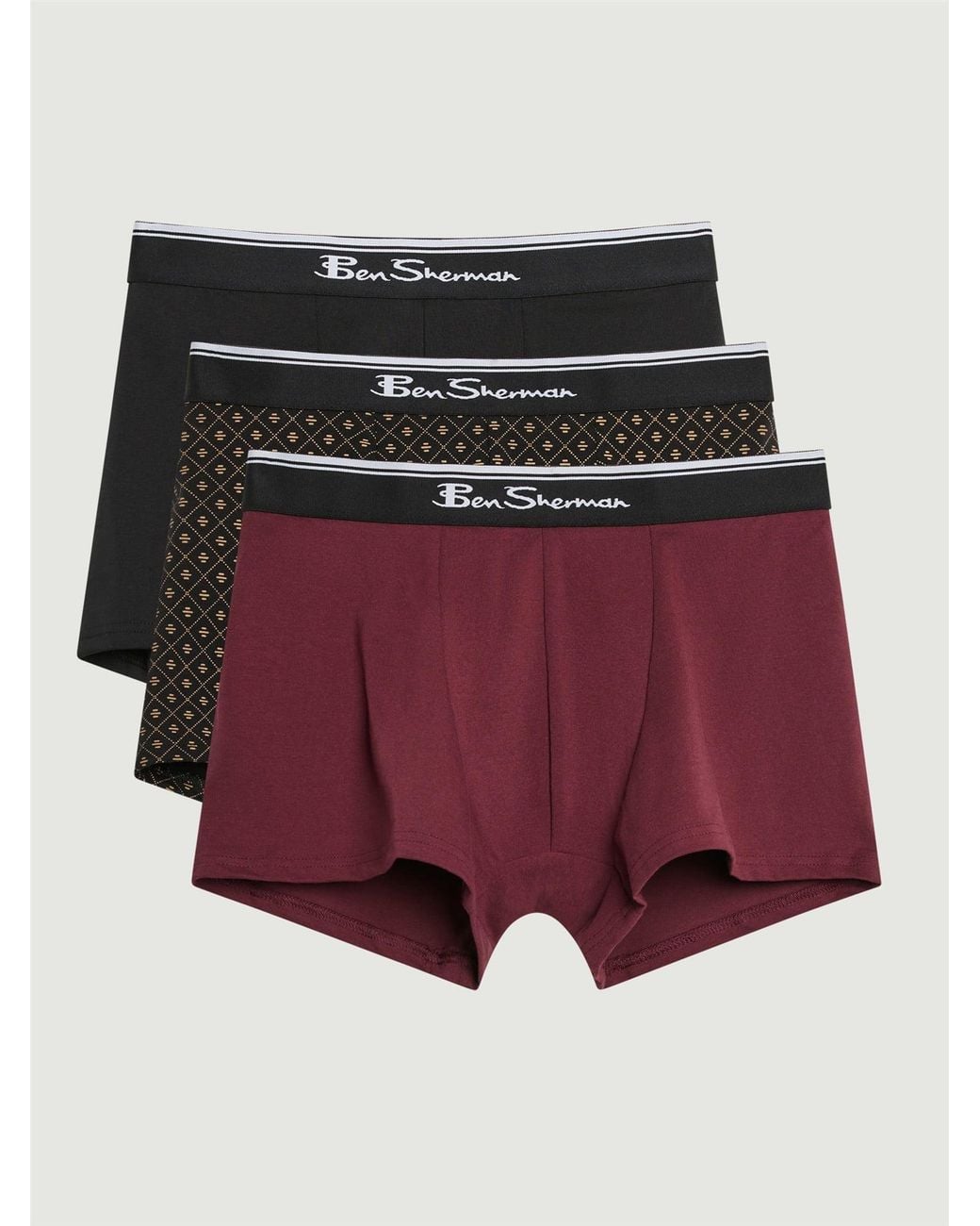 Ben Sherman Red 3 Pack Tonal Block Pattern Trunks In Burgundy for men