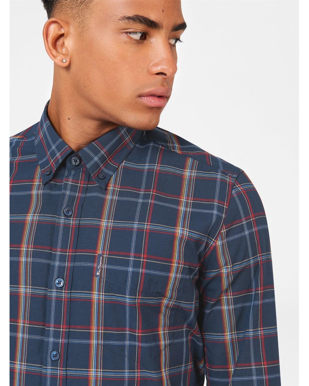 Ben Sherman Blue Long Sleeve Linear Check Shirt In Dark Navy for men