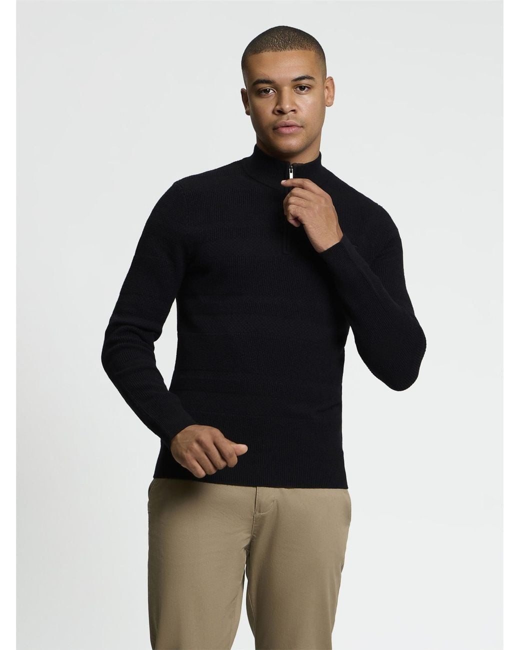 Ben Sherman Blue Long Sleeve Placed Texture 1/4 Zip Jumper In Black for men