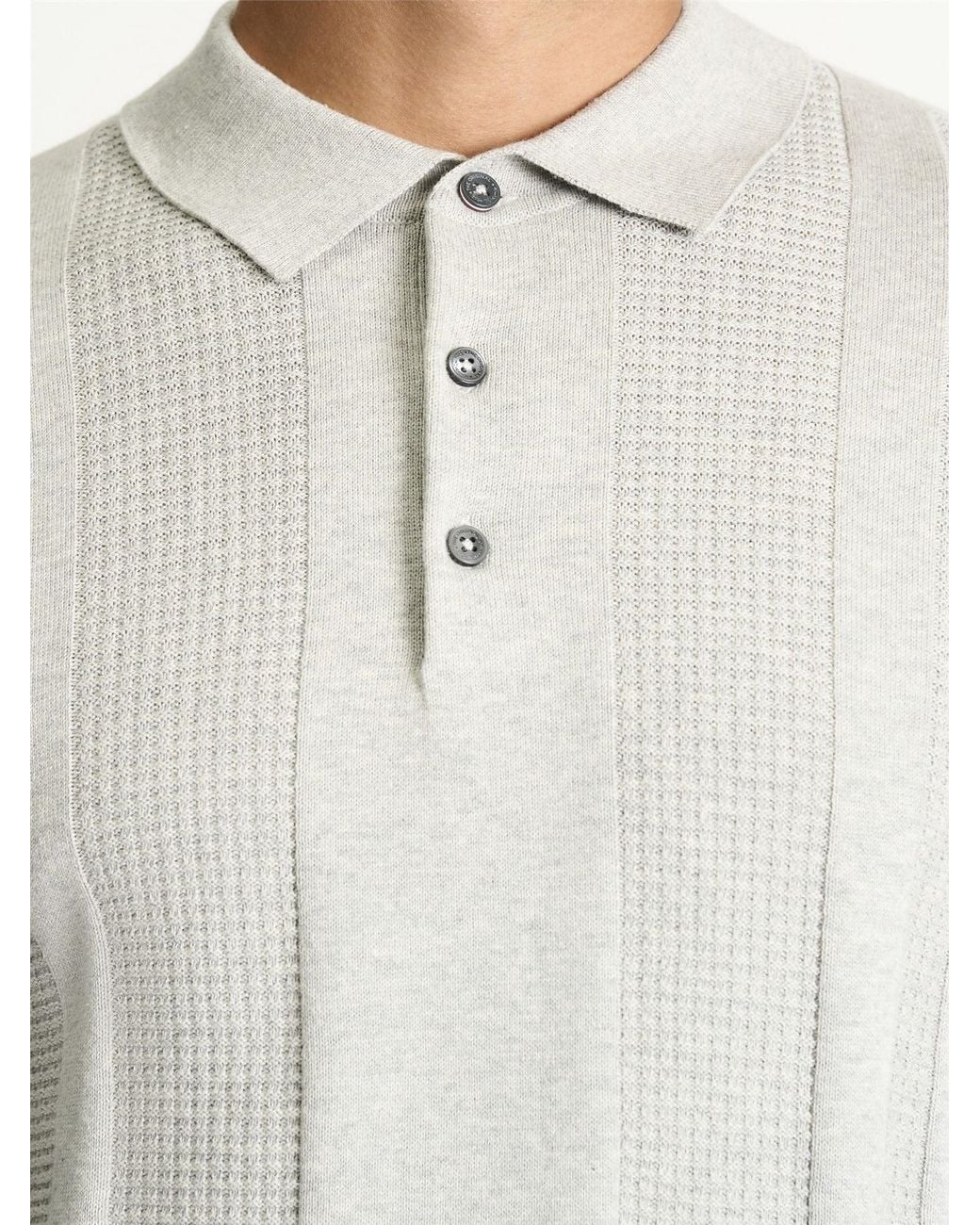 Ben Sherman White Long Sleeve Textured Polo In Grey Marl for men