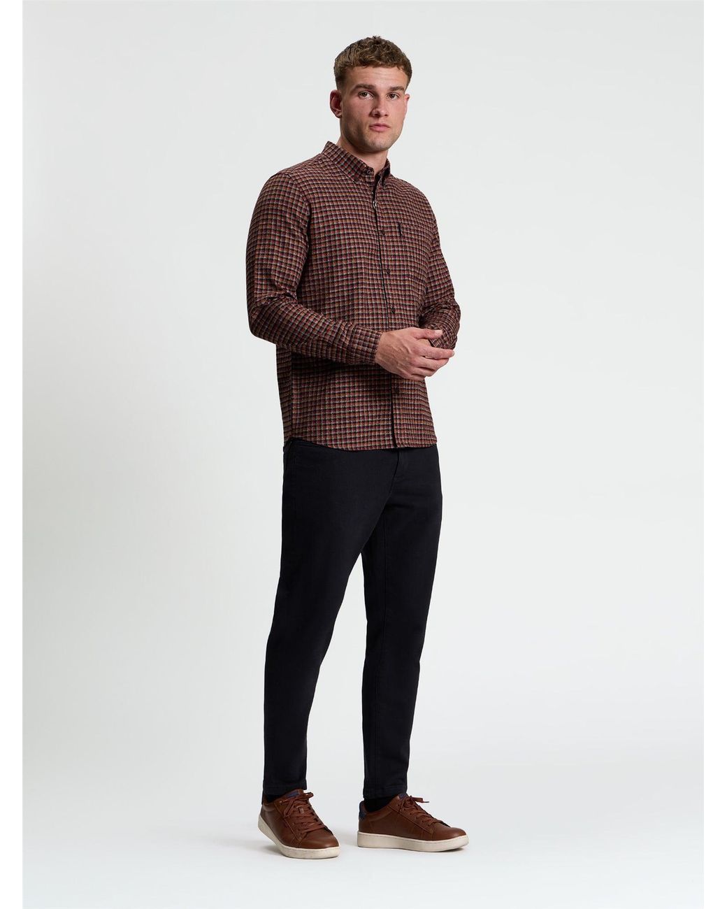 Ben Sherman Brown Long Sleeve Abstract Check Shirt In Sienna for men