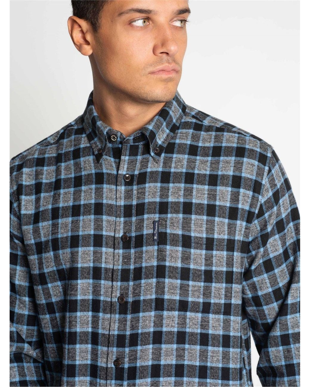 Ben Sherman Blue Long Sleeve Diffused Gingham Check Shirt In Slate for men