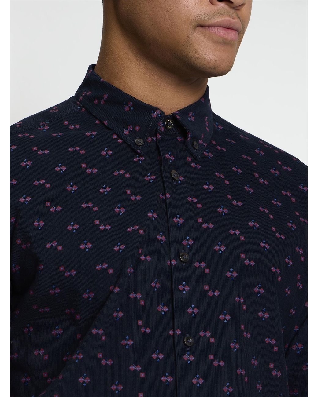 Ben Sherman Blue Long Sleeve Geo Printed Cord Shirt In Dark Navy for men