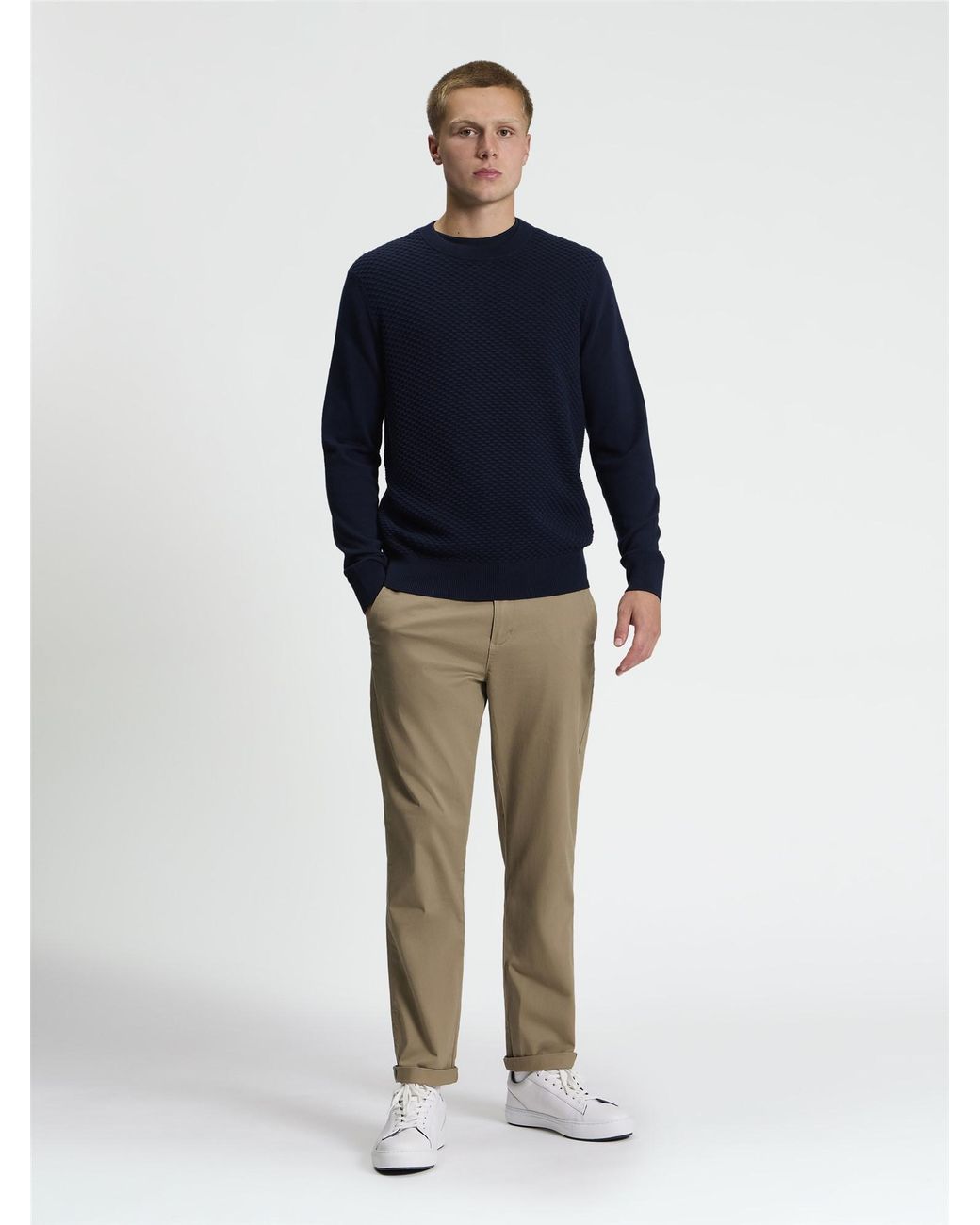 Ben Sherman Blue Long Sleeve Texture Front Crew Neck Jumper In Dark Navy for men