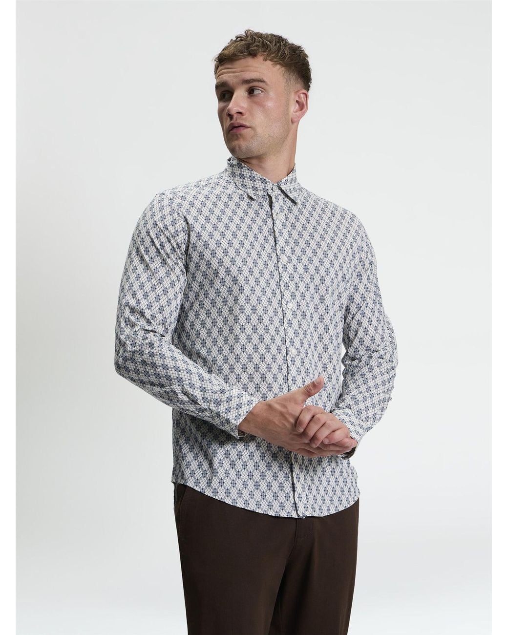 Ben Sherman Gray Long Sleeve Linear Geo Print Shirt In Off White for men