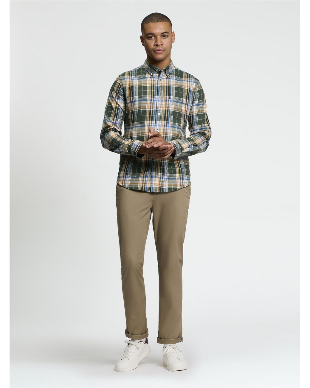 Ben Sherman Long Sleeve Twill Check Shirt In Bottle Green for men