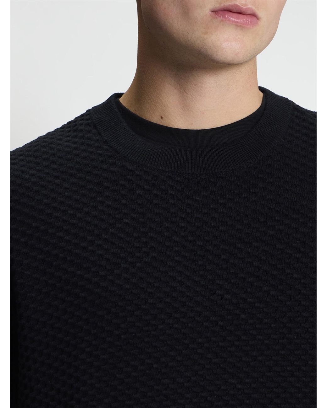 Ben Sherman Blue Long Sleeve Texture Front Crew Neck Jumper In Black for men