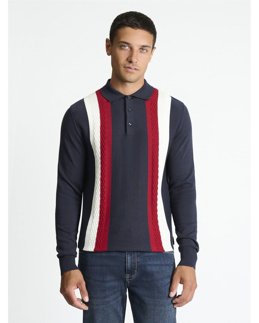 Ben Sherman Blue Long Sleeve Vertical Stripe Polo In Dark Navy for men