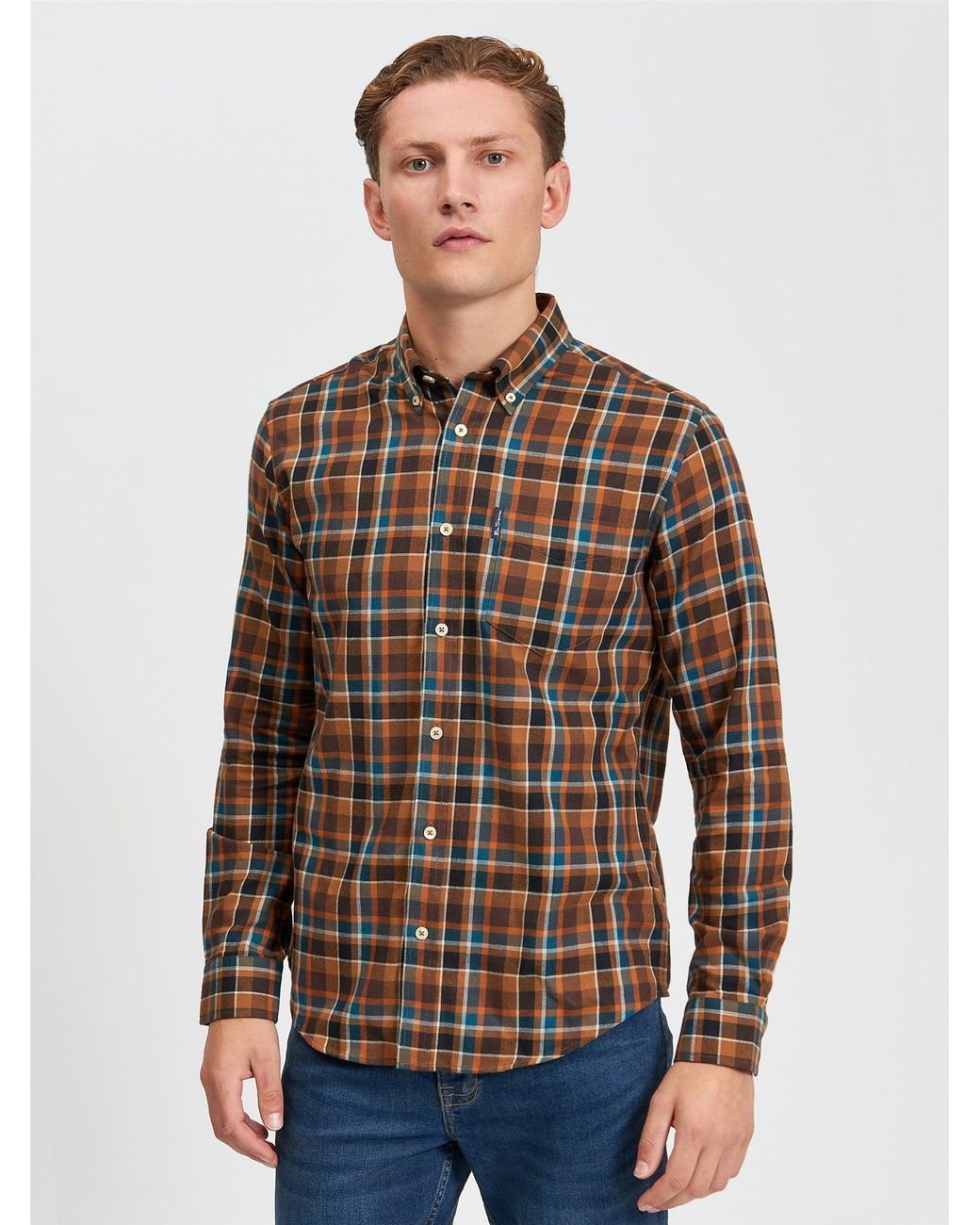 Ben Sherman Blue Check Brushed Flannel Shirt In Brown for men