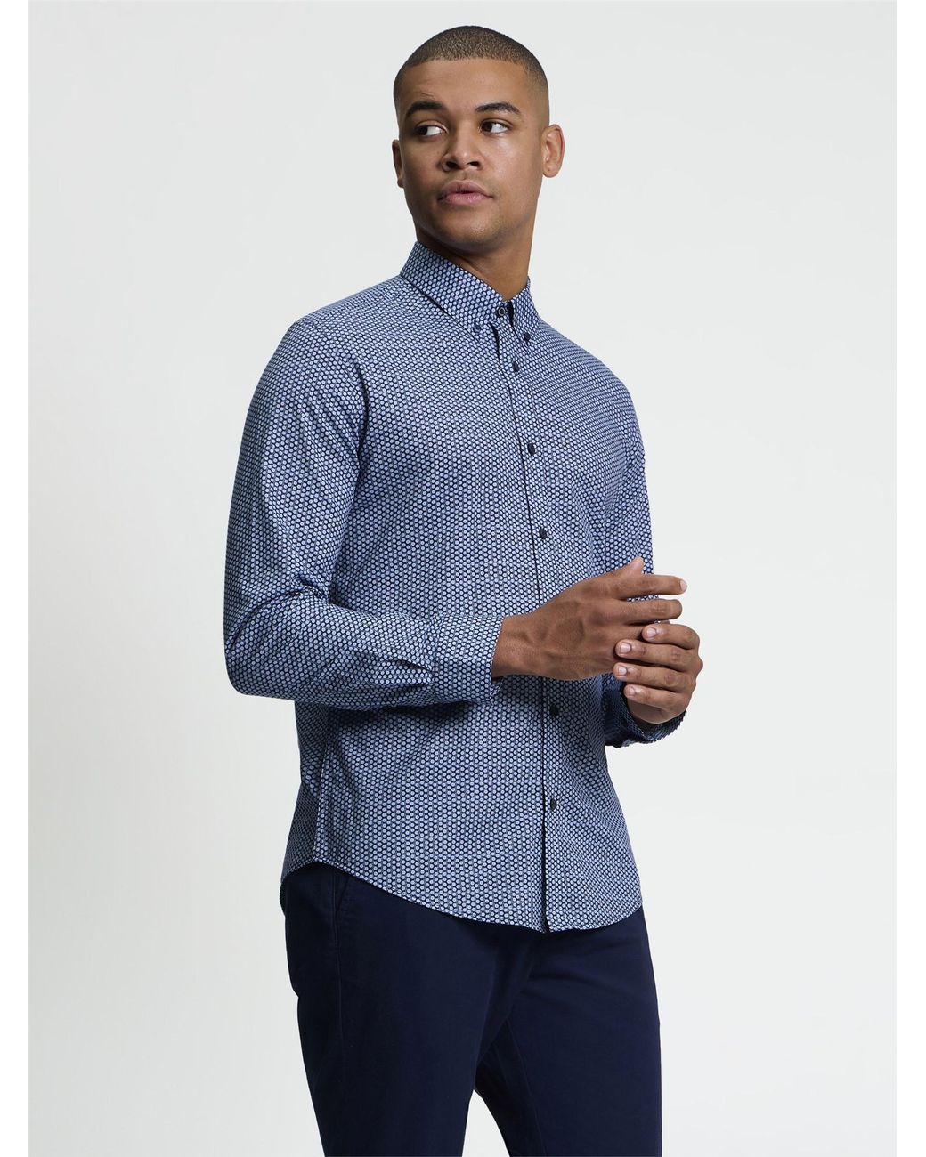 Ben Sherman Blue Long Sleeve Mono Print Shirt In Marine for men