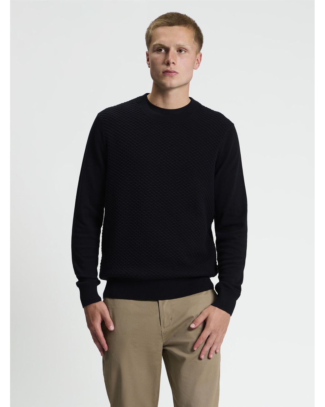 Ben Sherman Blue Long Sleeve Texture Front Crew Neck Jumper In Black for men