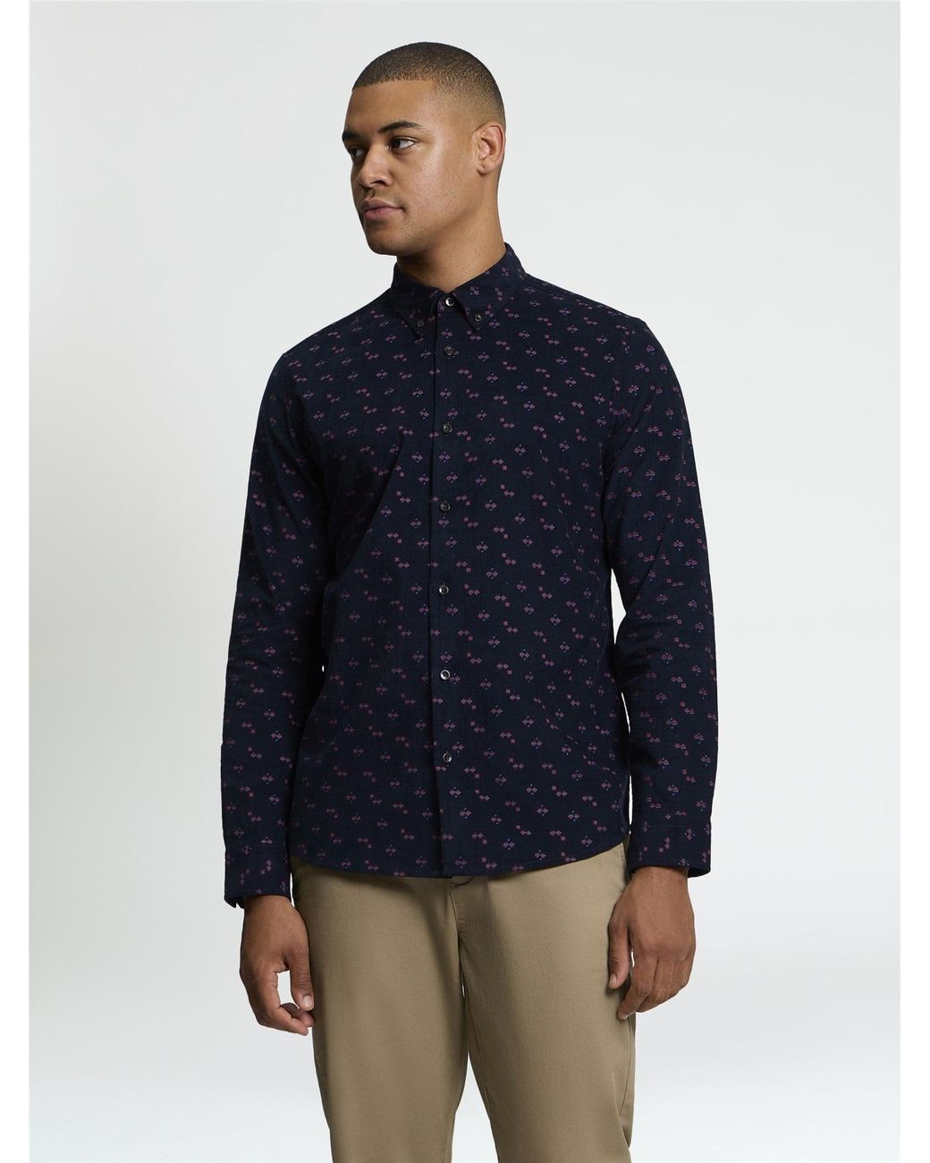 Ben Sherman Blue Long Sleeve Geo Printed Cord Shirt In Dark Navy for men