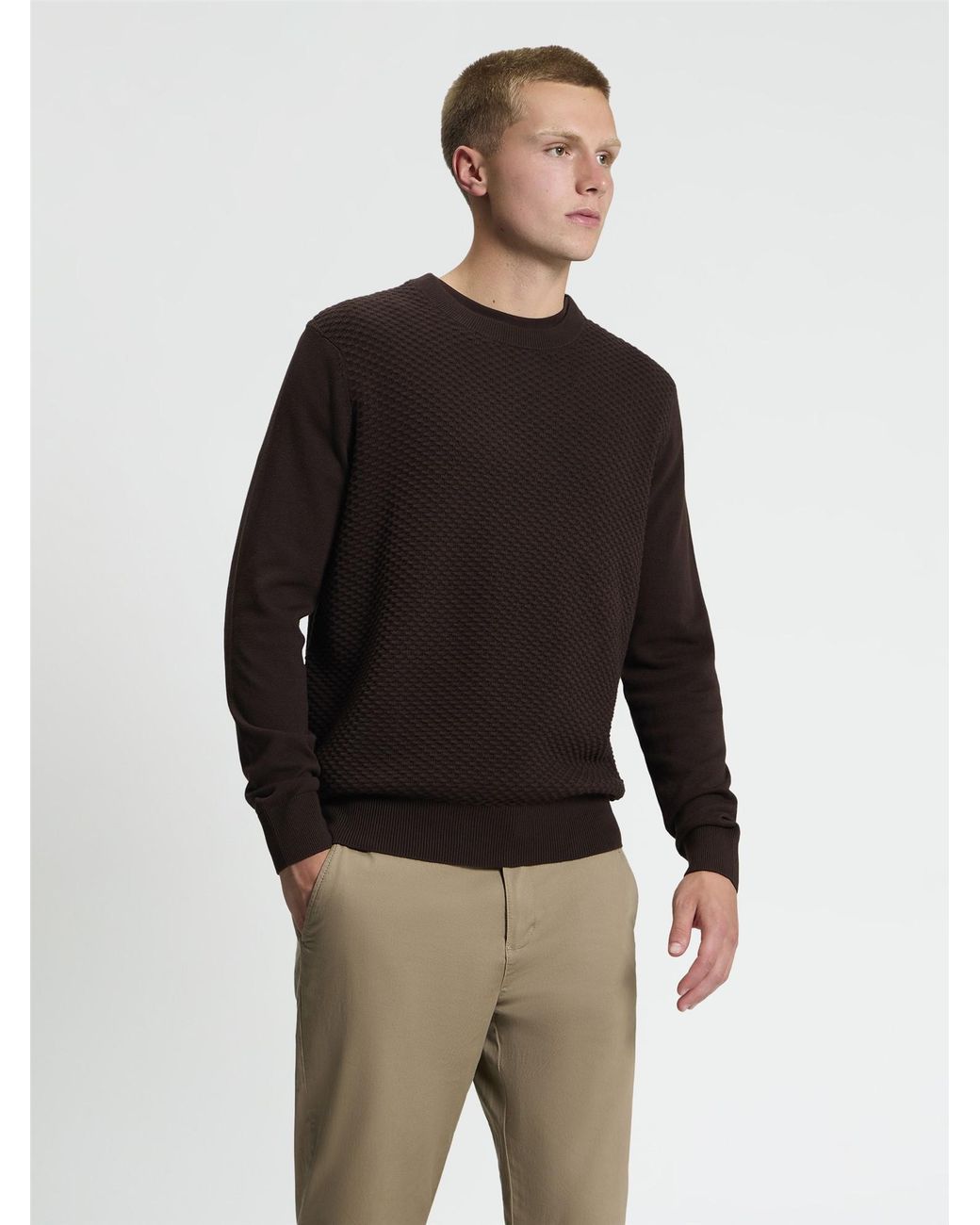 Ben Sherman Black Long Sleeve Texture Front Crew Neck Jumper In Dark Brown for men