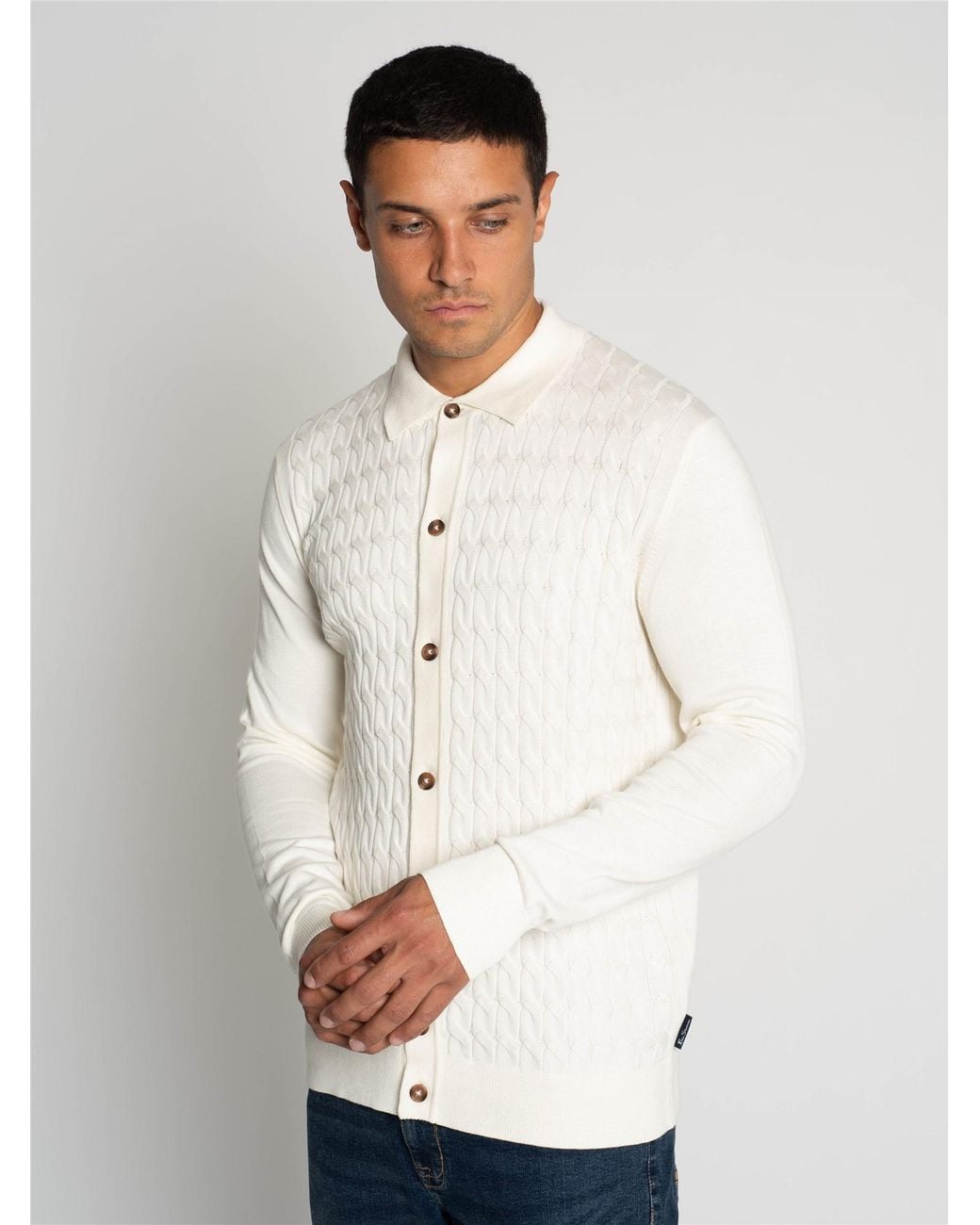 Ben Sherman White Long Sleeve Button Through Cable Knitted Polo In Ivory for men