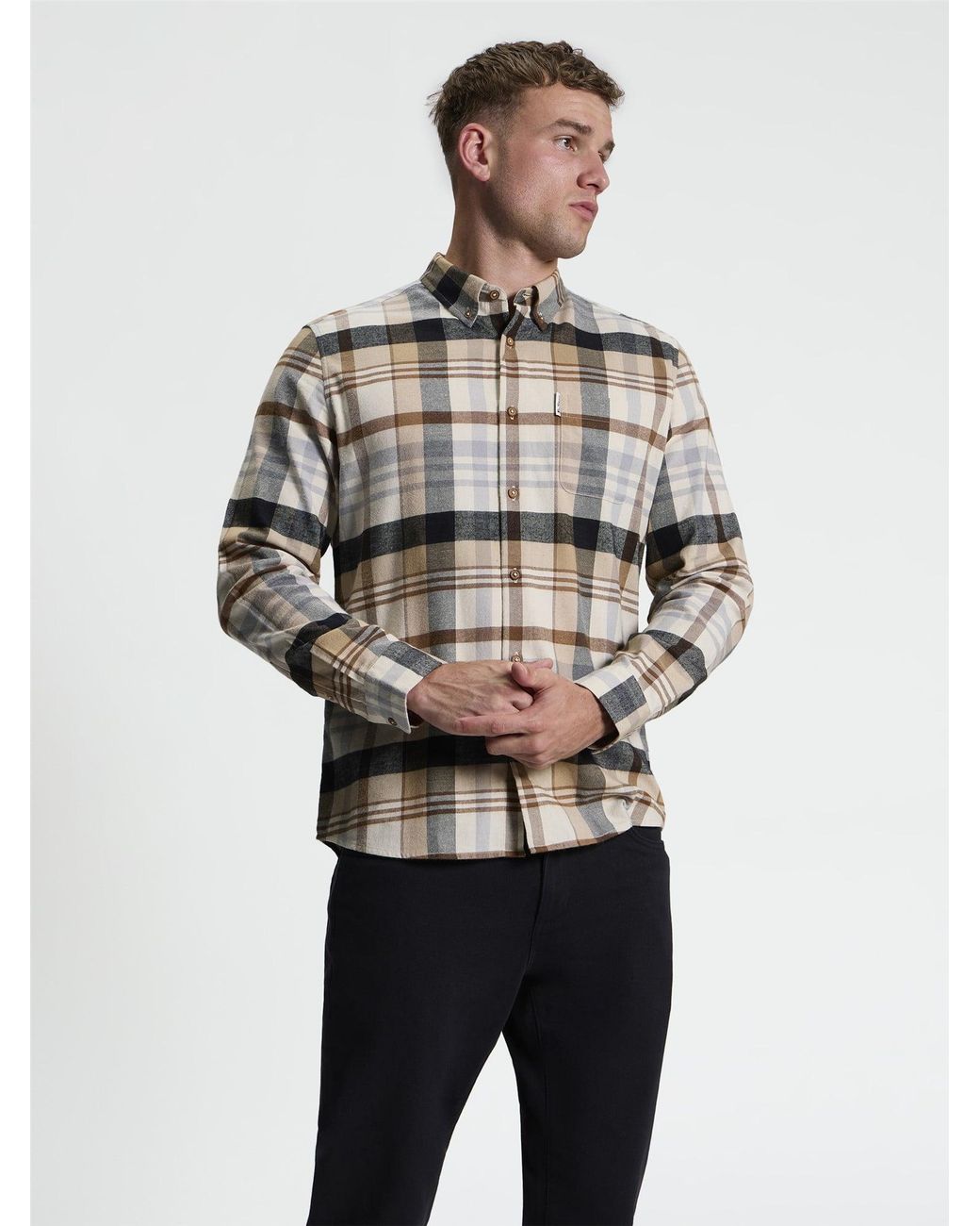 Ben Sherman Gray Long Sleeve Brushed Check Shirt In Ecru for men