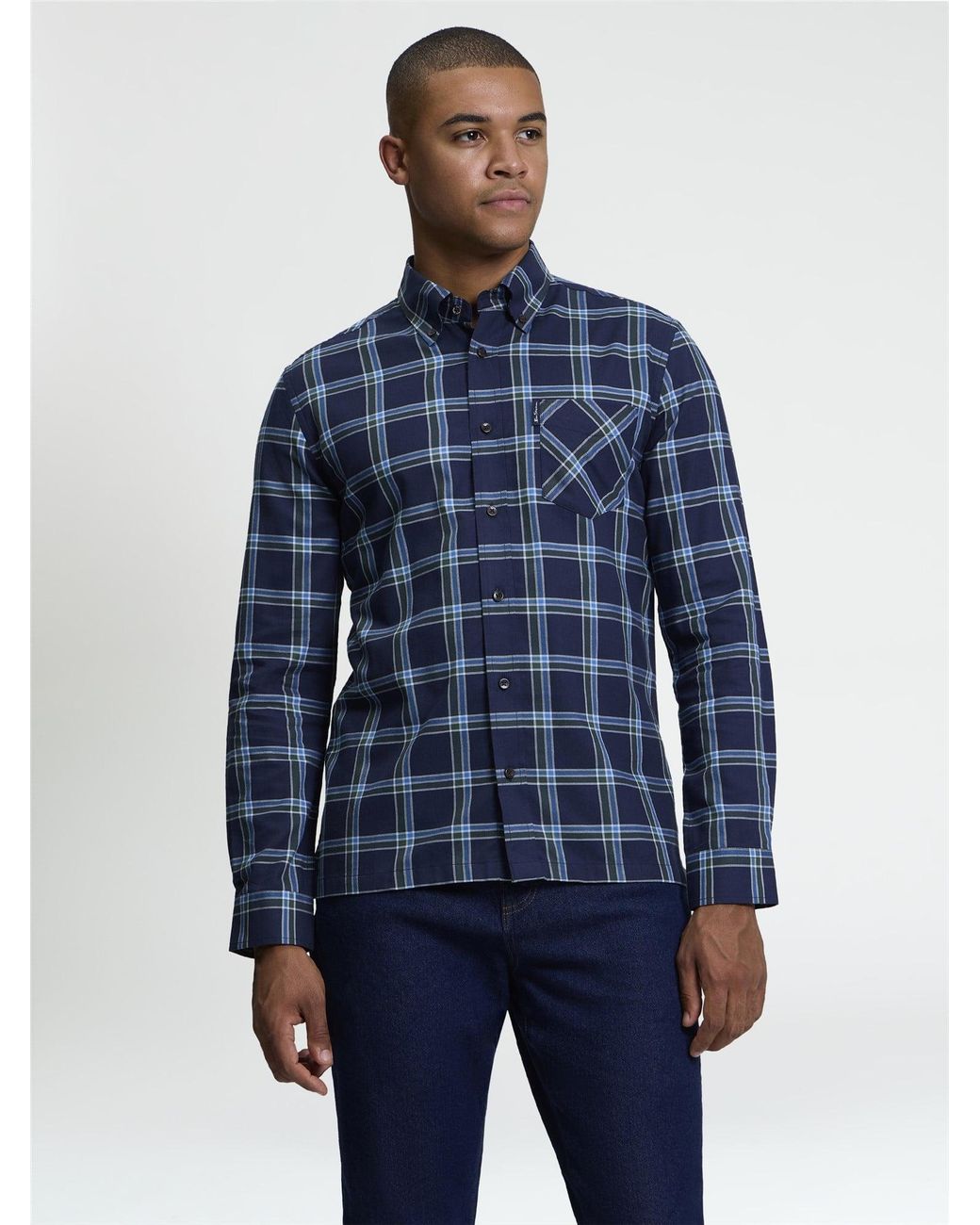 Ben Sherman Blue Long Sleeve Grid Check Shirt In Dark Navy for men