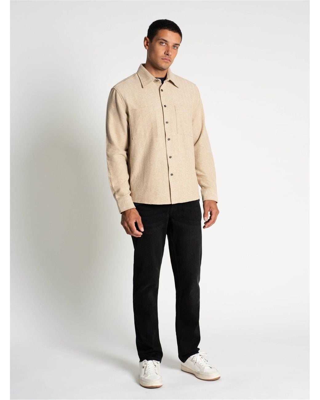 Ben Sherman Natural Long Sleeve Brushed Herringbone Overshirt In Bronze for men