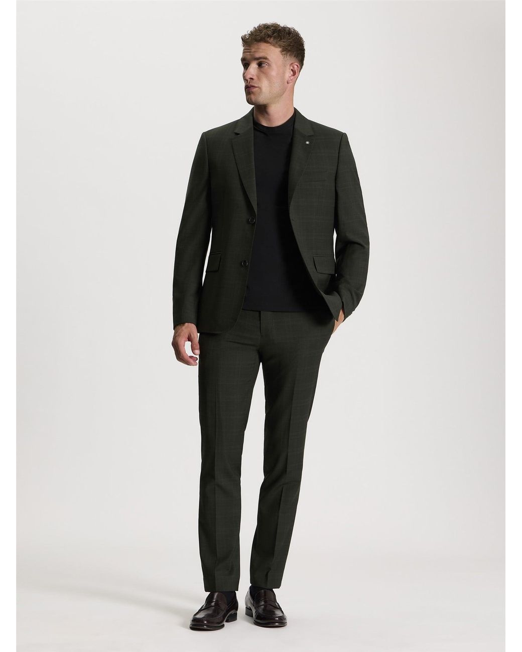 Ben Sherman Black Prince Of Wales Tonal Trouser In Dark Green for men