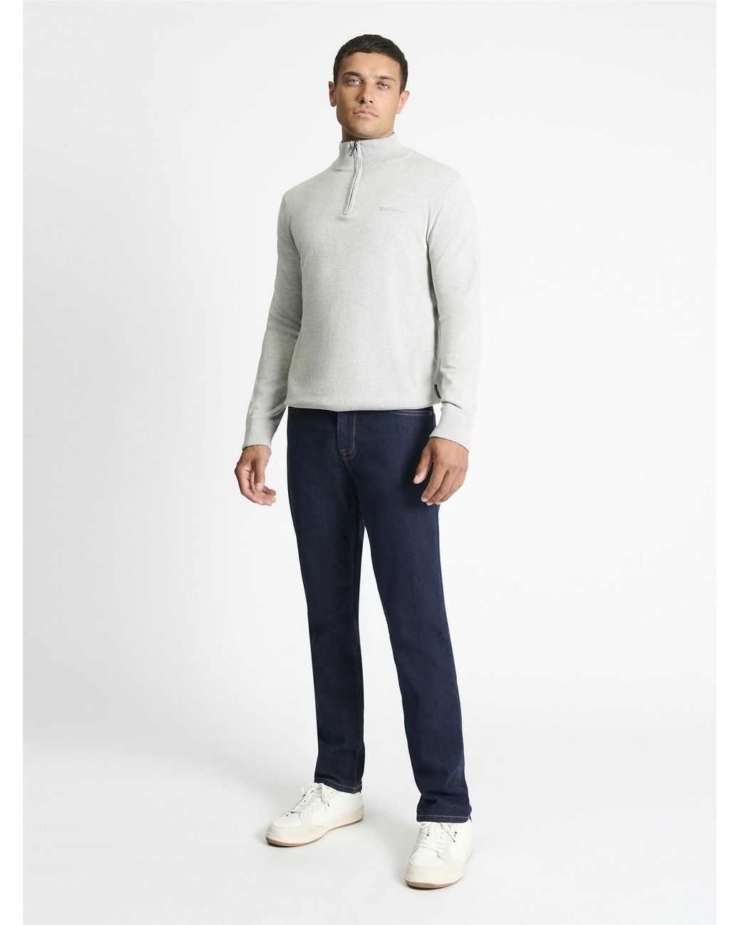 Ben Sherman White Long Sleeve 1/4 Zip Funnel Neck Sweater In Grey Marl for men