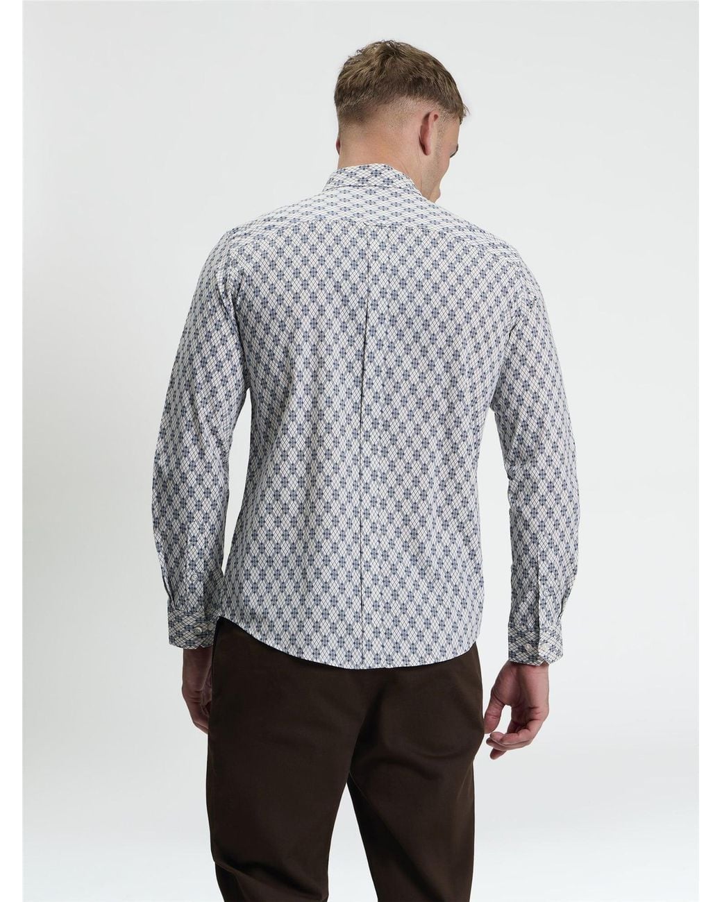 Ben Sherman Gray Long Sleeve Linear Geo Print Shirt In Off White for men