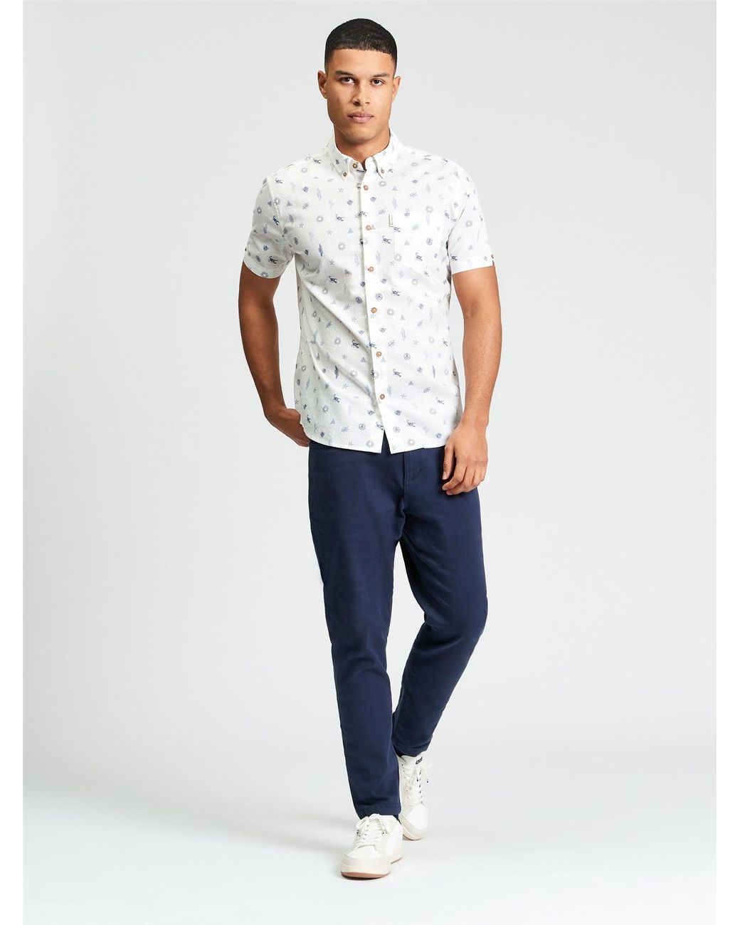 Ben Sherman Blue Short Sleeve Festival Print Shirt In Snow White for men
