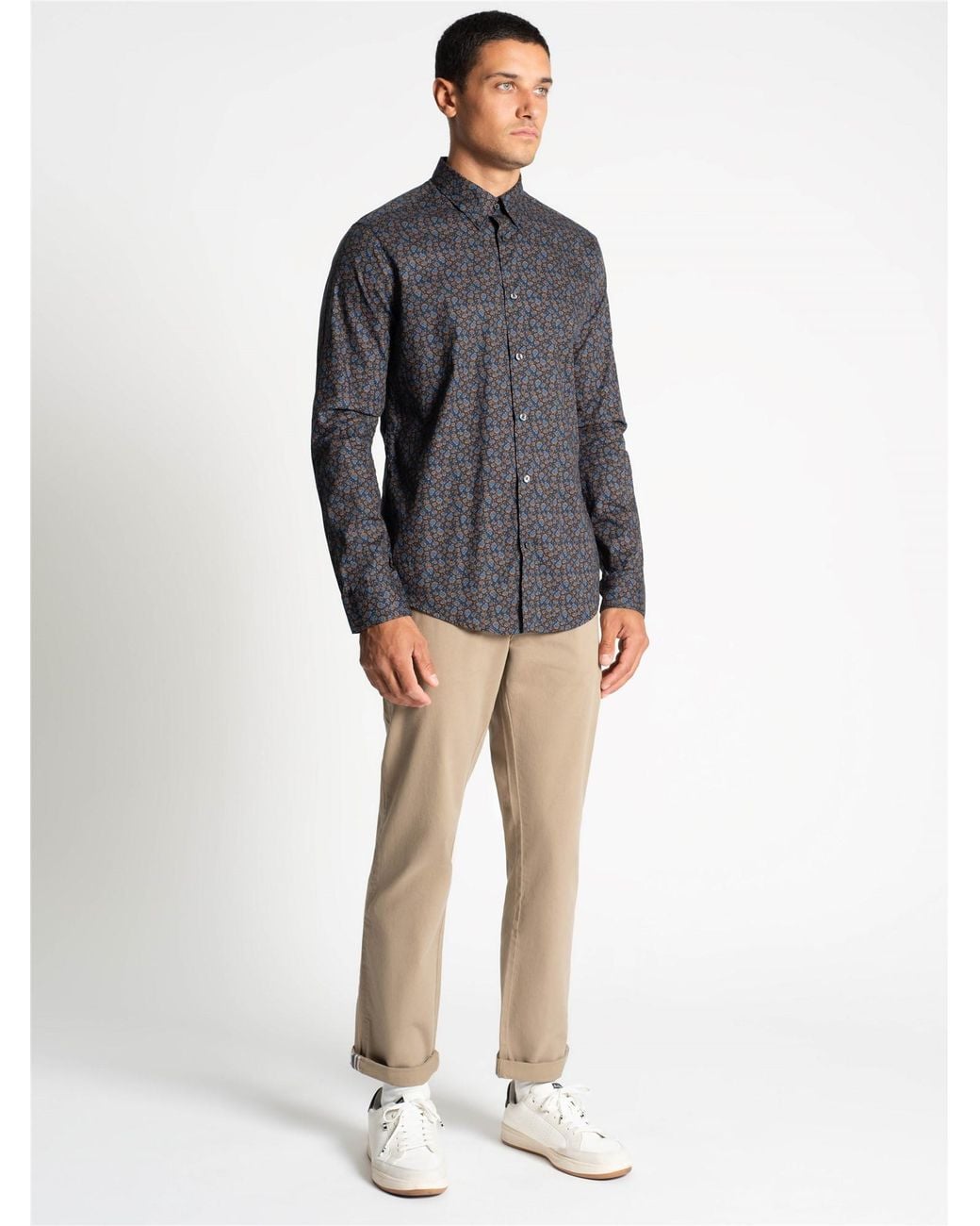Ben Sherman Gray Long Sleeve Scattered Floral Print Shirt In Dark Navy for men