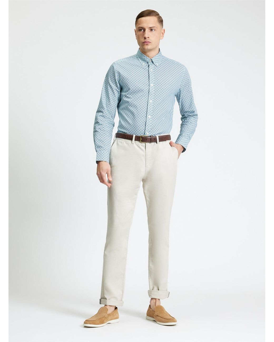 Ben Sherman Long Sleeve Split Geo Print Shirt In Powder Blue for men