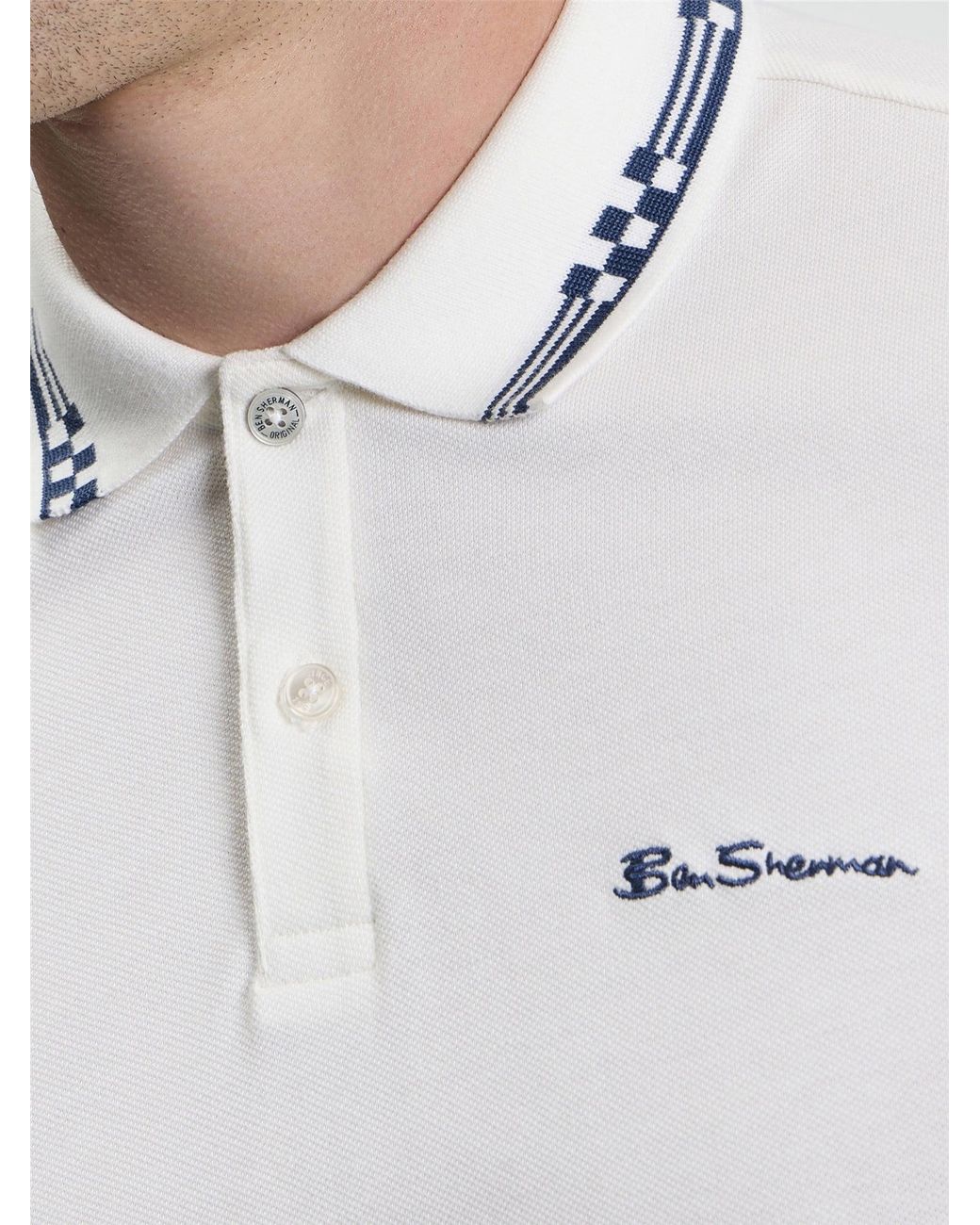 Ben Sherman White Short Sleeve Checkerboard Collar Polo In for men