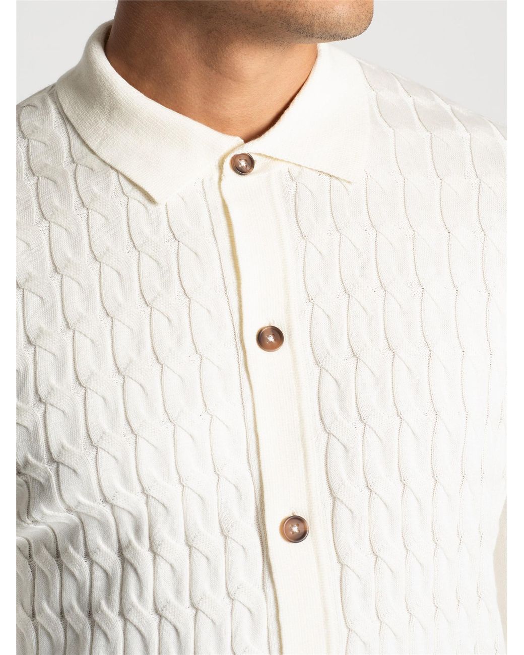 Ben Sherman White Long Sleeve Button Through Cable Knitted Polo In Ivory for men