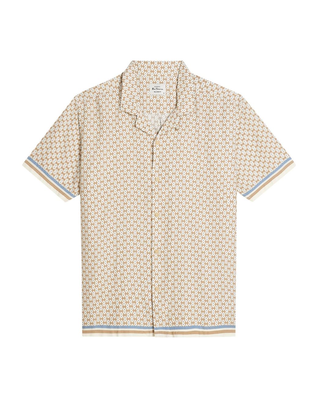 Ben Sherman Blue Short Sleeve Geo Border Print Shirt In Sand for men