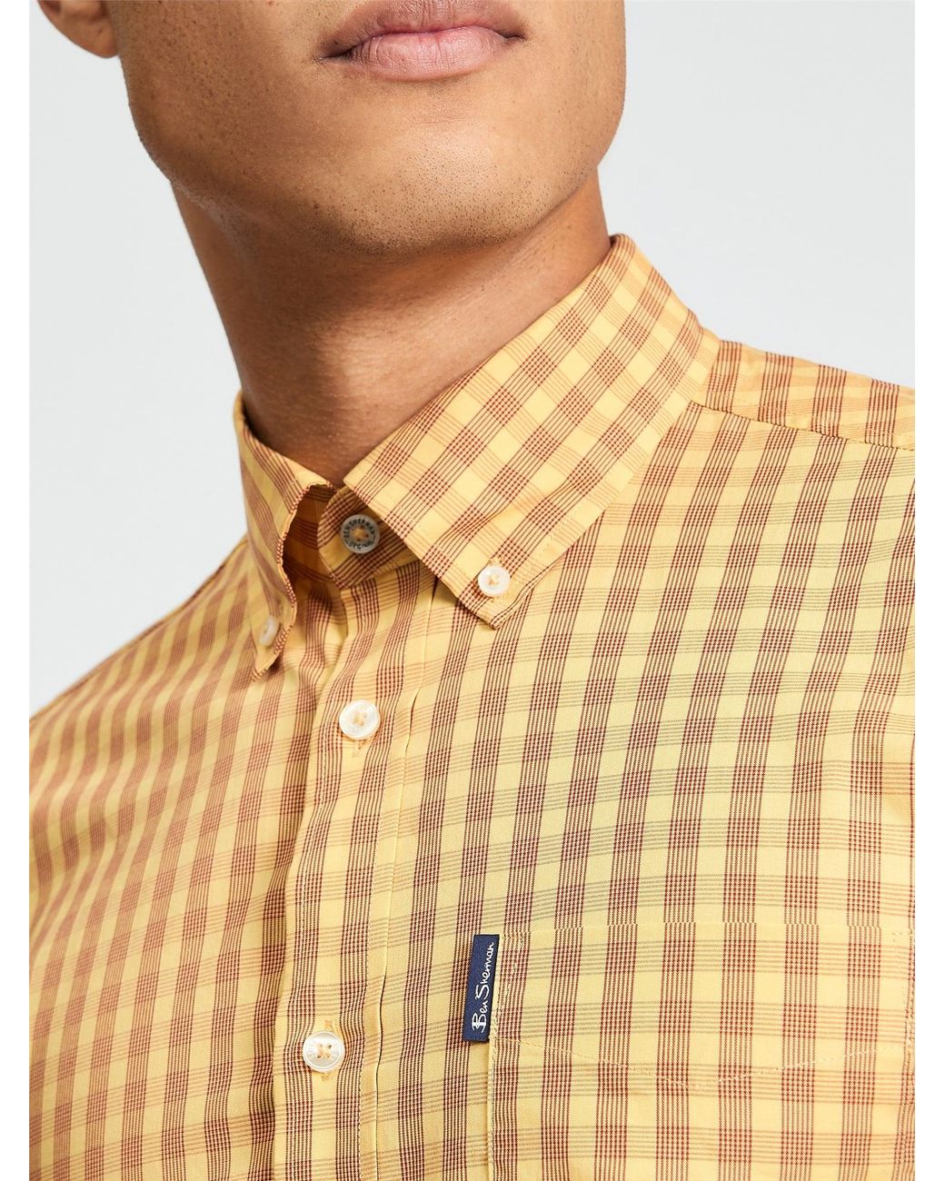 Ben Sherman Natural Short Sleeve Linear Gingham Shirt In Zest for men