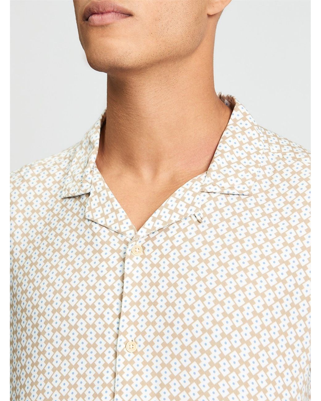 Ben Sherman Blue Short Sleeve Geo Border Print Shirt In Sand for men