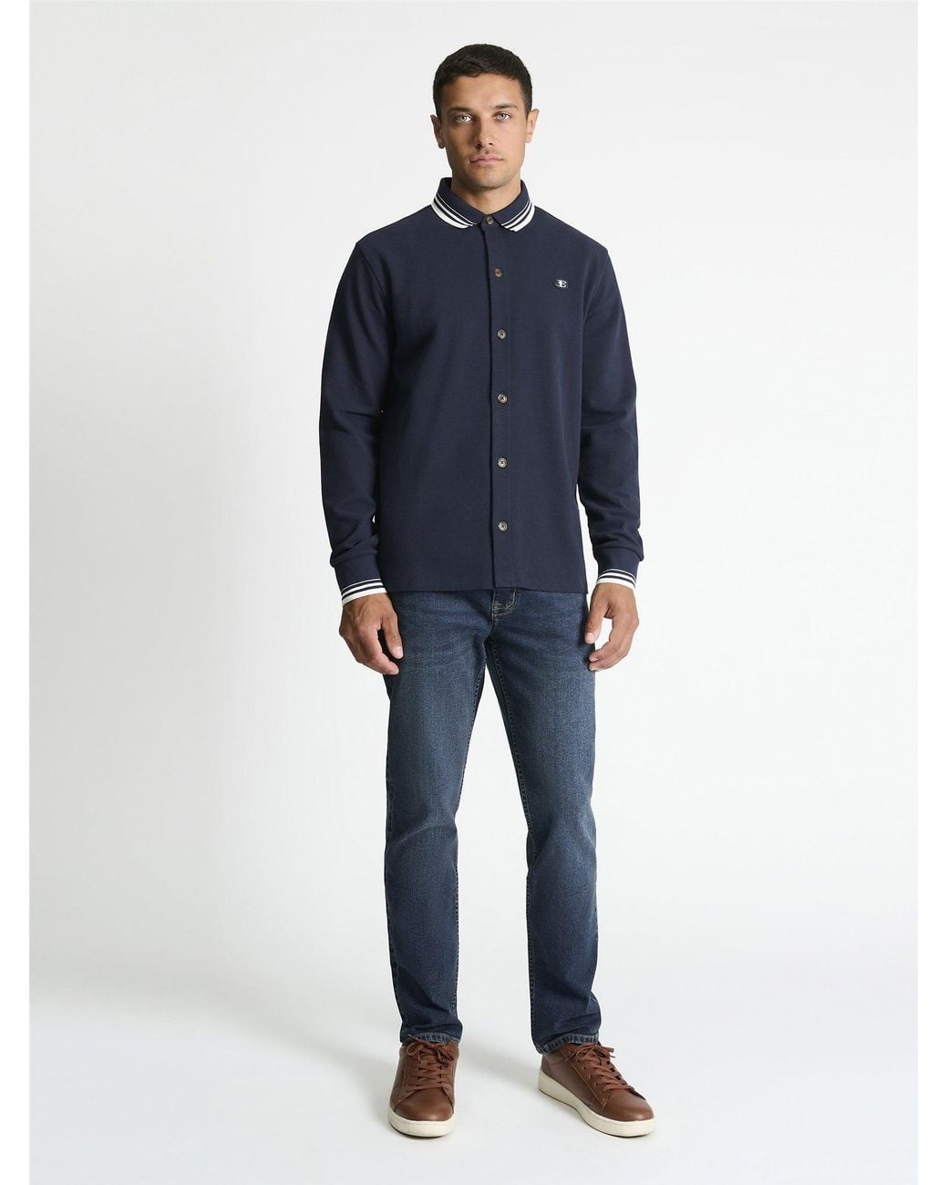 Ben Sherman Blue Tipped Long Sleeve Polo Shirt In Dark Navy for men