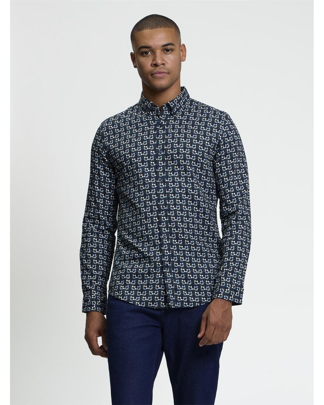 Ben Sherman Blue Long Sleeve Foulard Print Shirt In Lotus Green for men