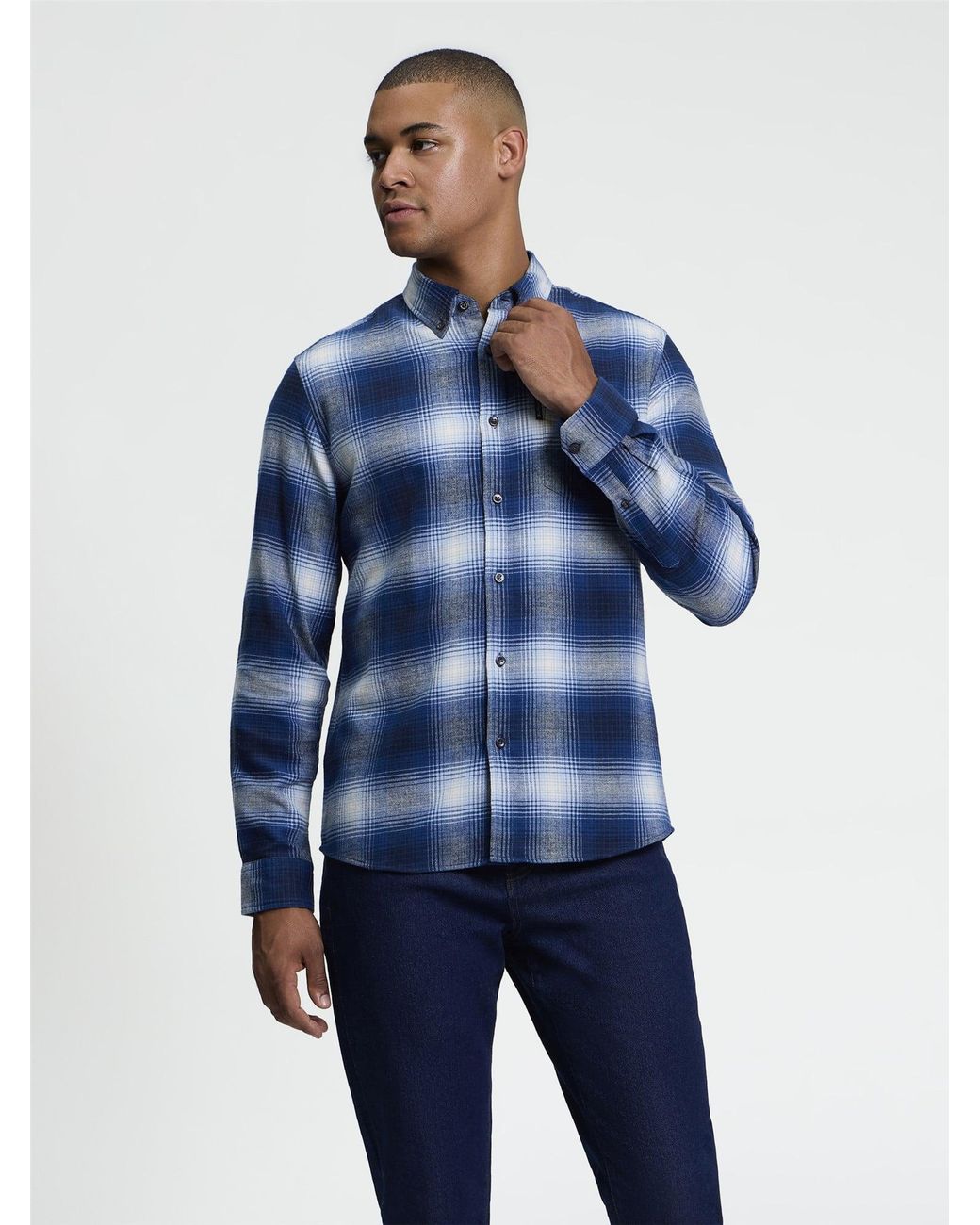 Ben Sherman Long Sleeve Ombre Check Shirt In Blue Ink for men