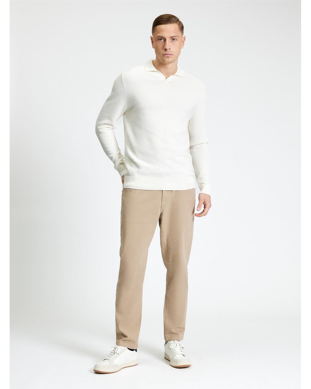 Ben Sherman White Long Sleeve Textured Open Neck Knitted Polo In Ivory for men