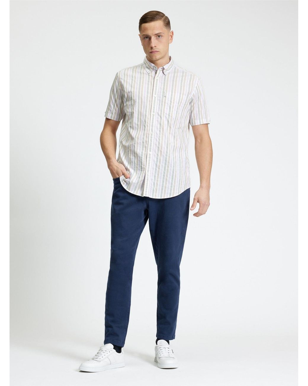 Ben Sherman Blue Short Sleeve Multicolour Candy Stripe Shirt In Snow White for men