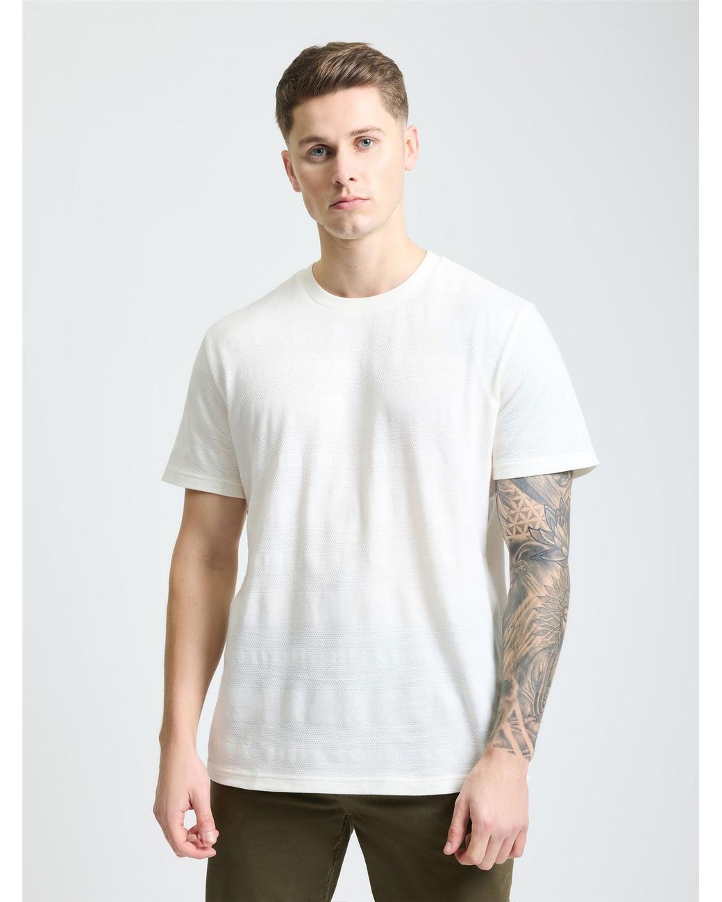 Ben Sherman White Textured Stripe Tee In Ivory for men