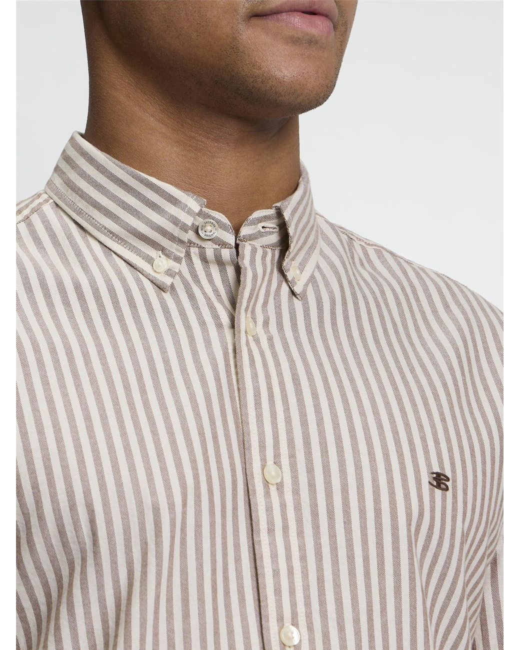 Ben Sherman Natural Long Sleeve Oxford Stripe Shirt In Brown for men