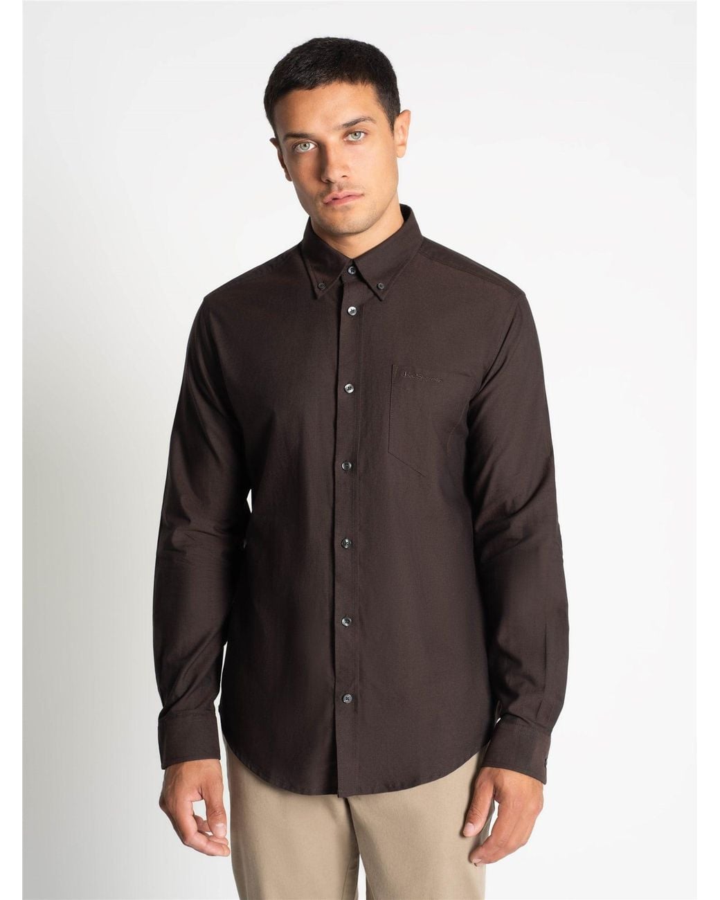 Ben Sherman Black Long Sleeve Oxford Shirt In Dark Brown for men