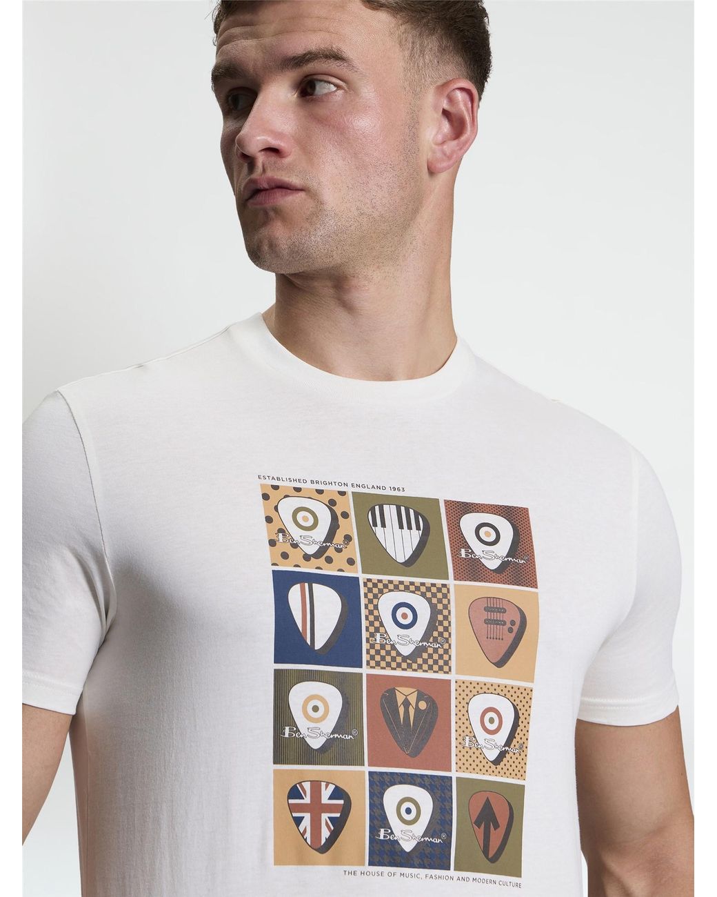 Ben Sherman White Short Sleeve Plectrum Stack Tshirt In Ivory for men