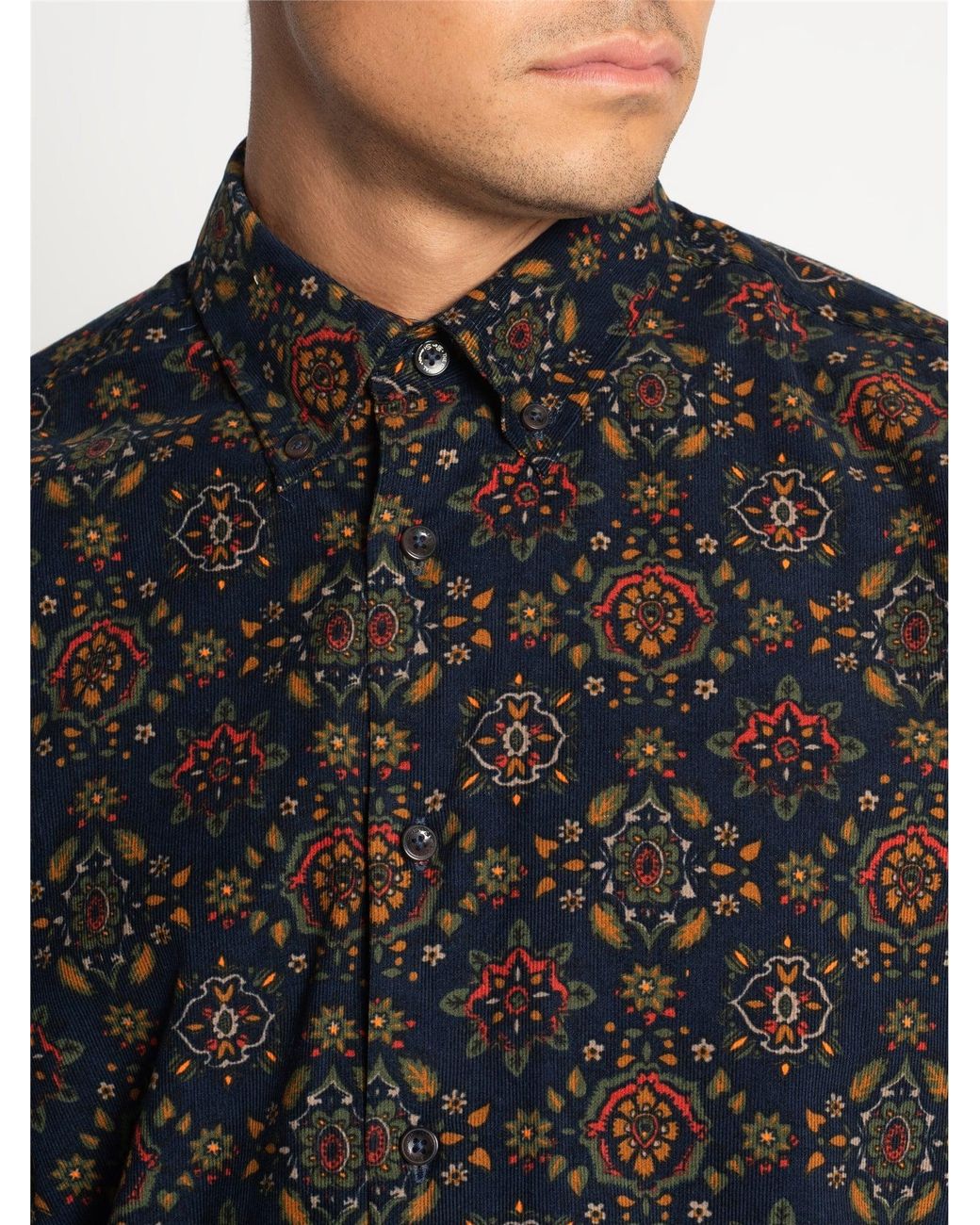 Ben Sherman Black Long Sleeve Foulard Print Cord Shirt In Khaki for men