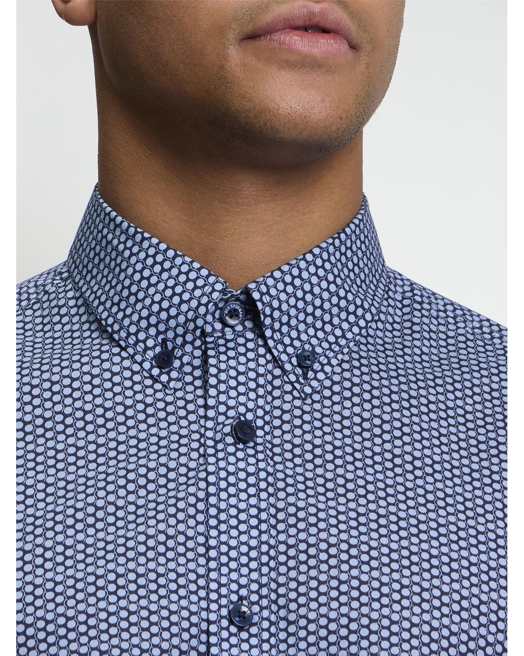 Ben Sherman Blue Long Sleeve Mono Print Shirt In Marine for men