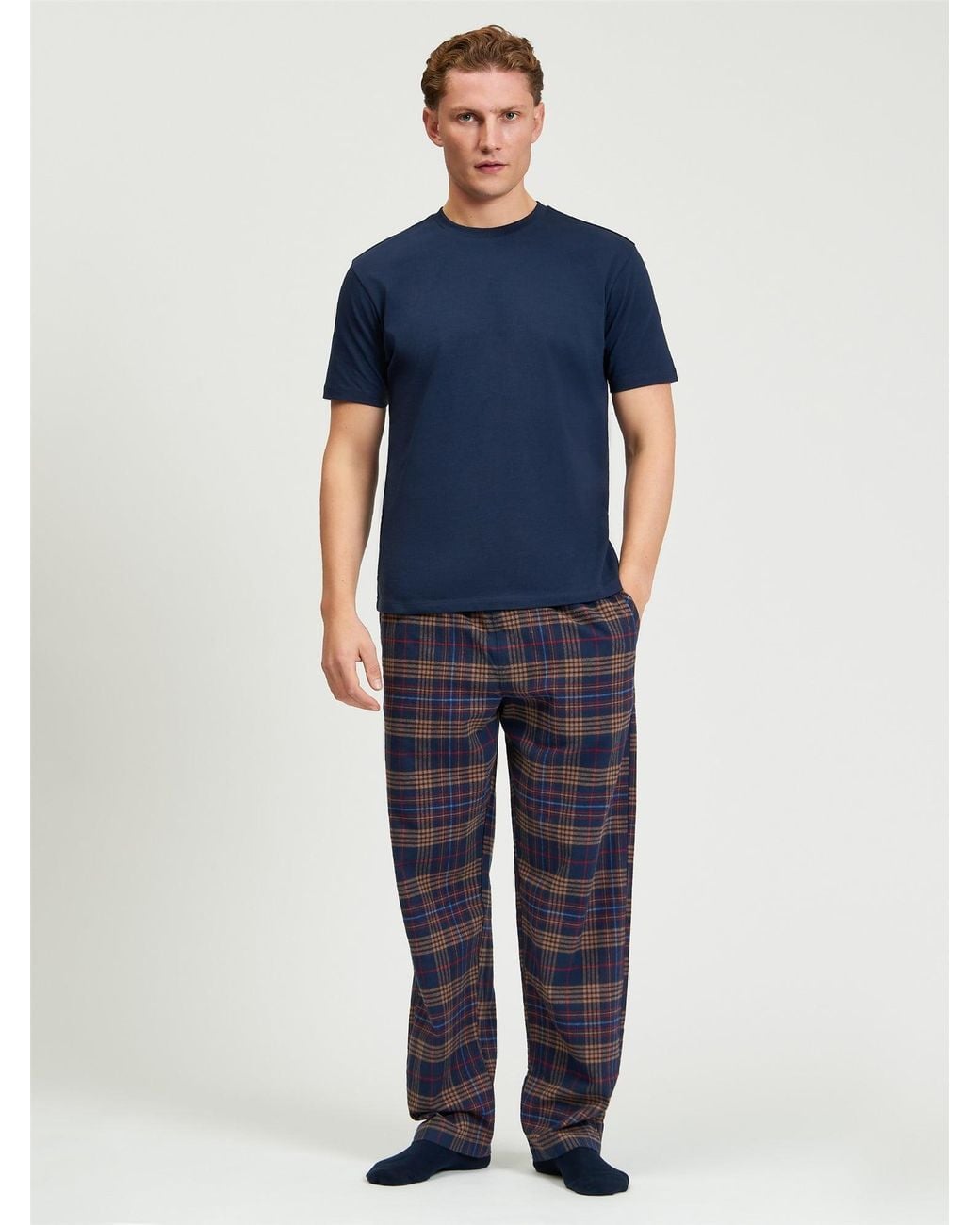 Ben Sherman Blue Brushed Multi Check Trouser In Dark Navy for men