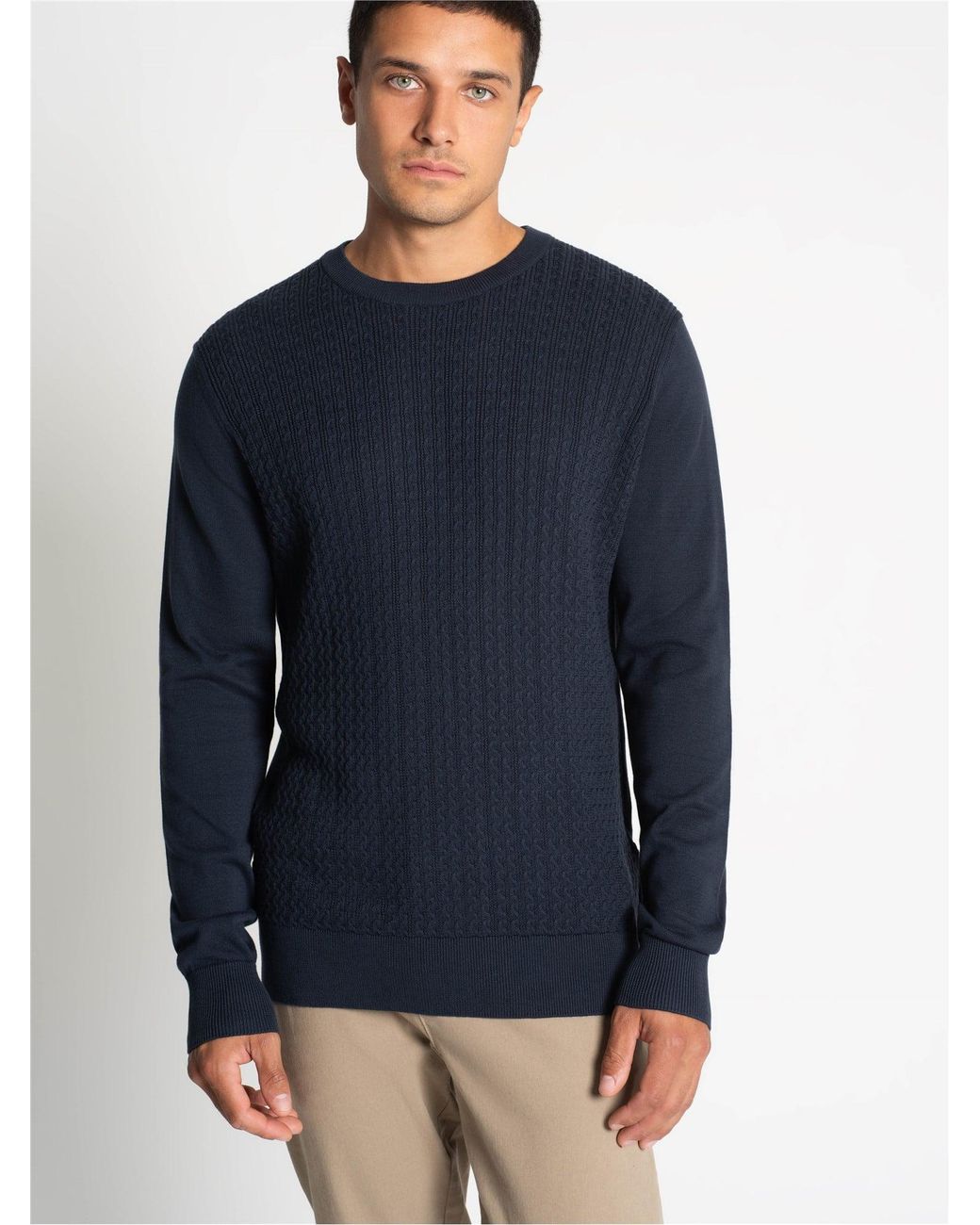 Ben Sherman Blue Textured Front Crew Sweater In Dark Navy for men