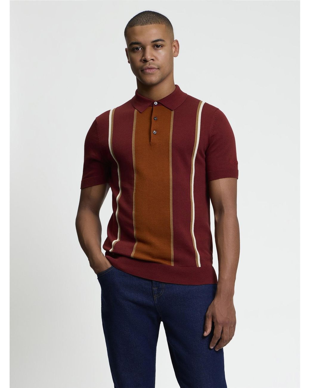 Ben Sherman Red Short Sleeve Mod Stripe Knitted Polo In for men