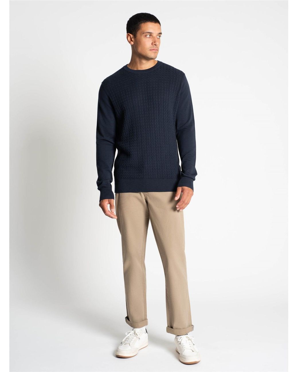 Ben Sherman Blue Textured Front Crew Sweater In Dark Navy for men